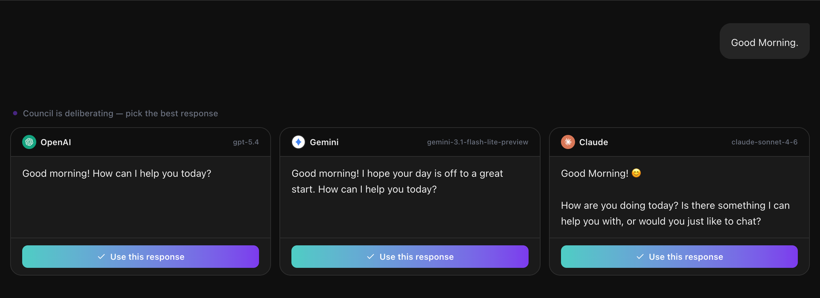 Council Mode: same prompt sent to OpenAI, Gemini, and Claude with responses side-by-side