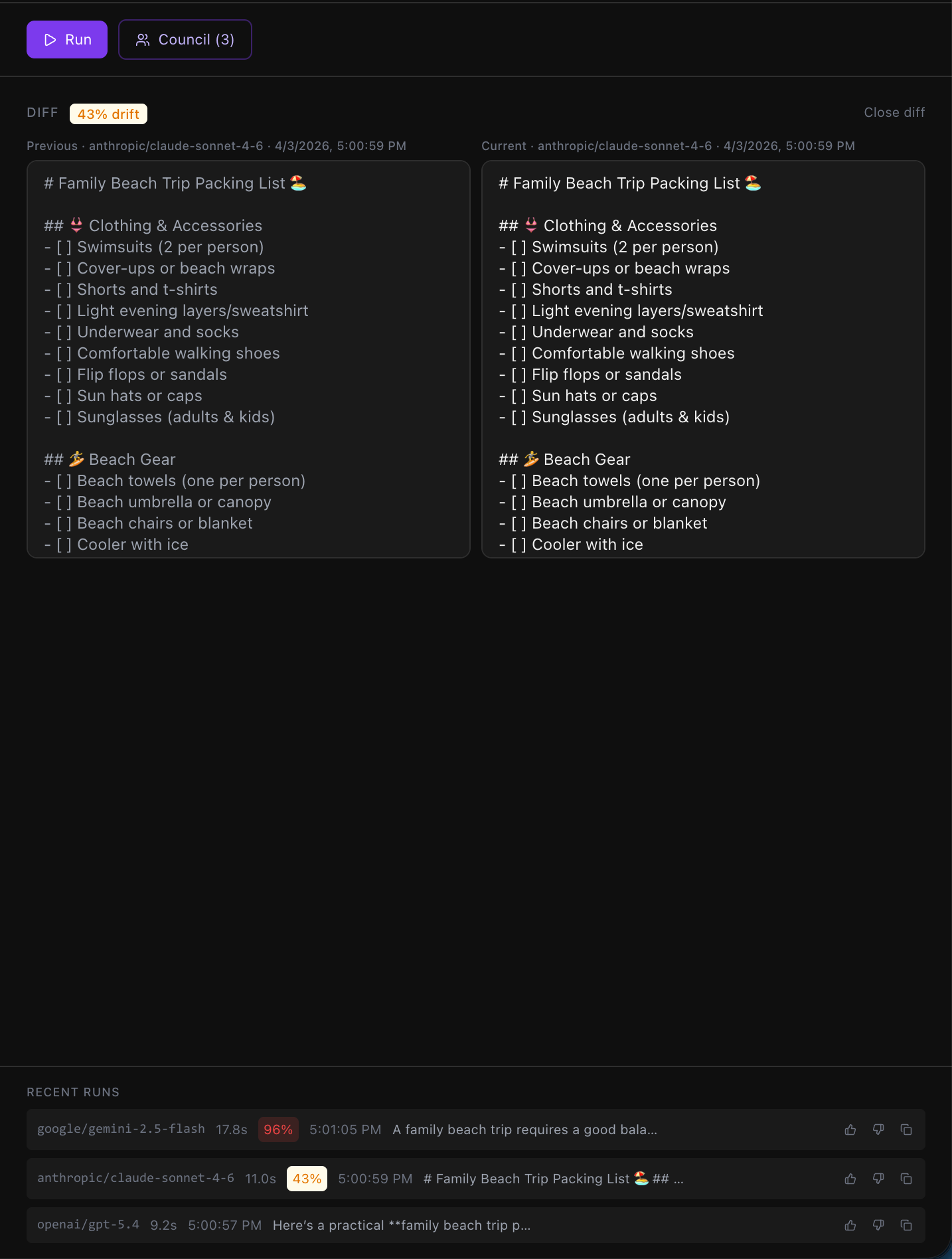 Council workbench — prompt run across multiple models with recent-run history